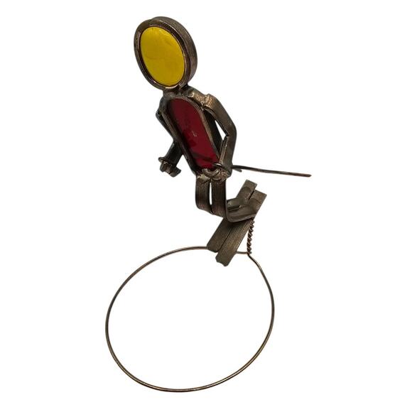 Vintage Handcrafted Welded Stained Glass Ski Skiing Man Mid Century Red Yellow - Picture 1 of 4